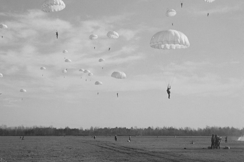 War photography Military Paratroopers In The Sky