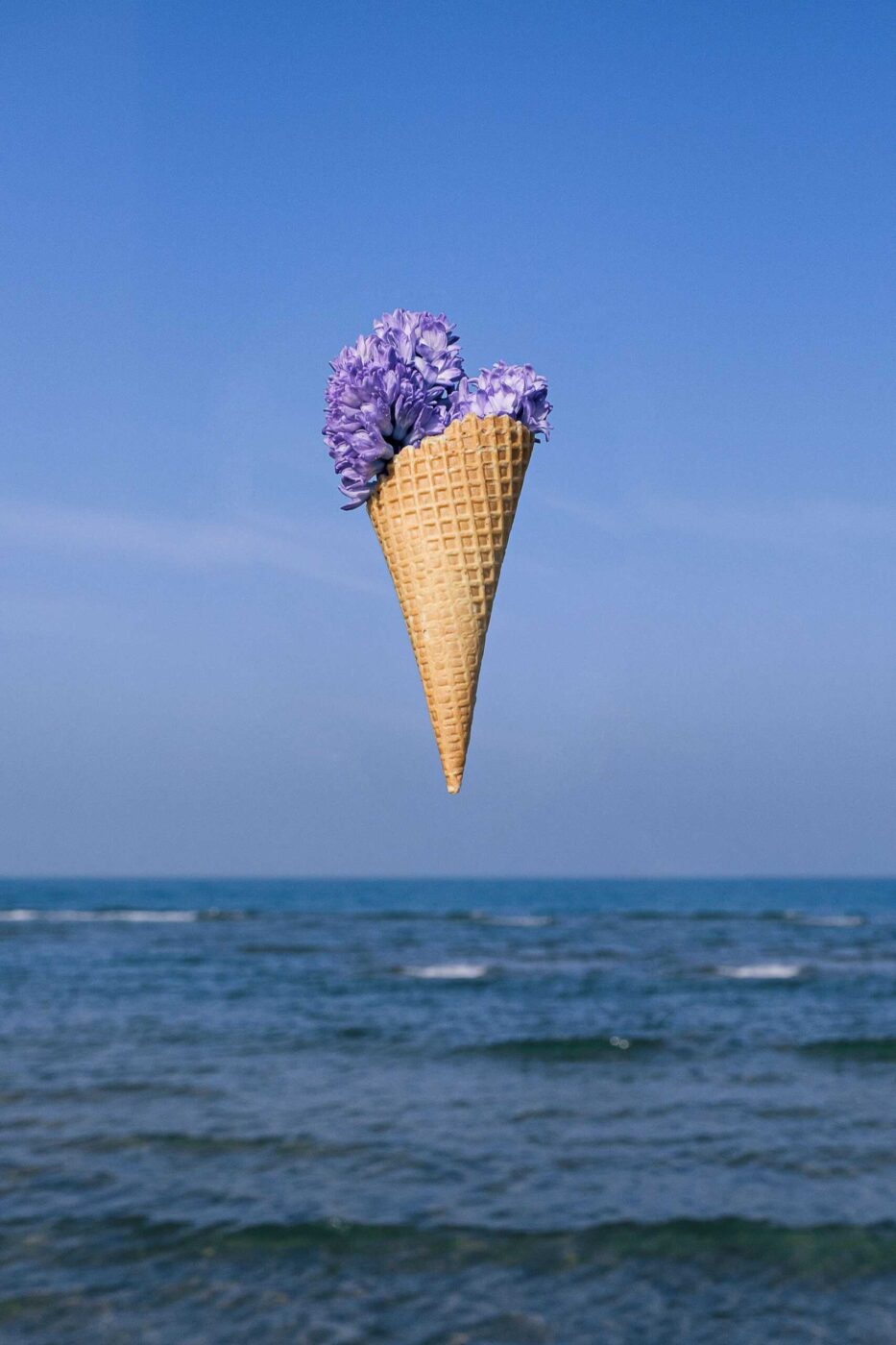 The waffle cone with small purple flowers hanging near the ocean.