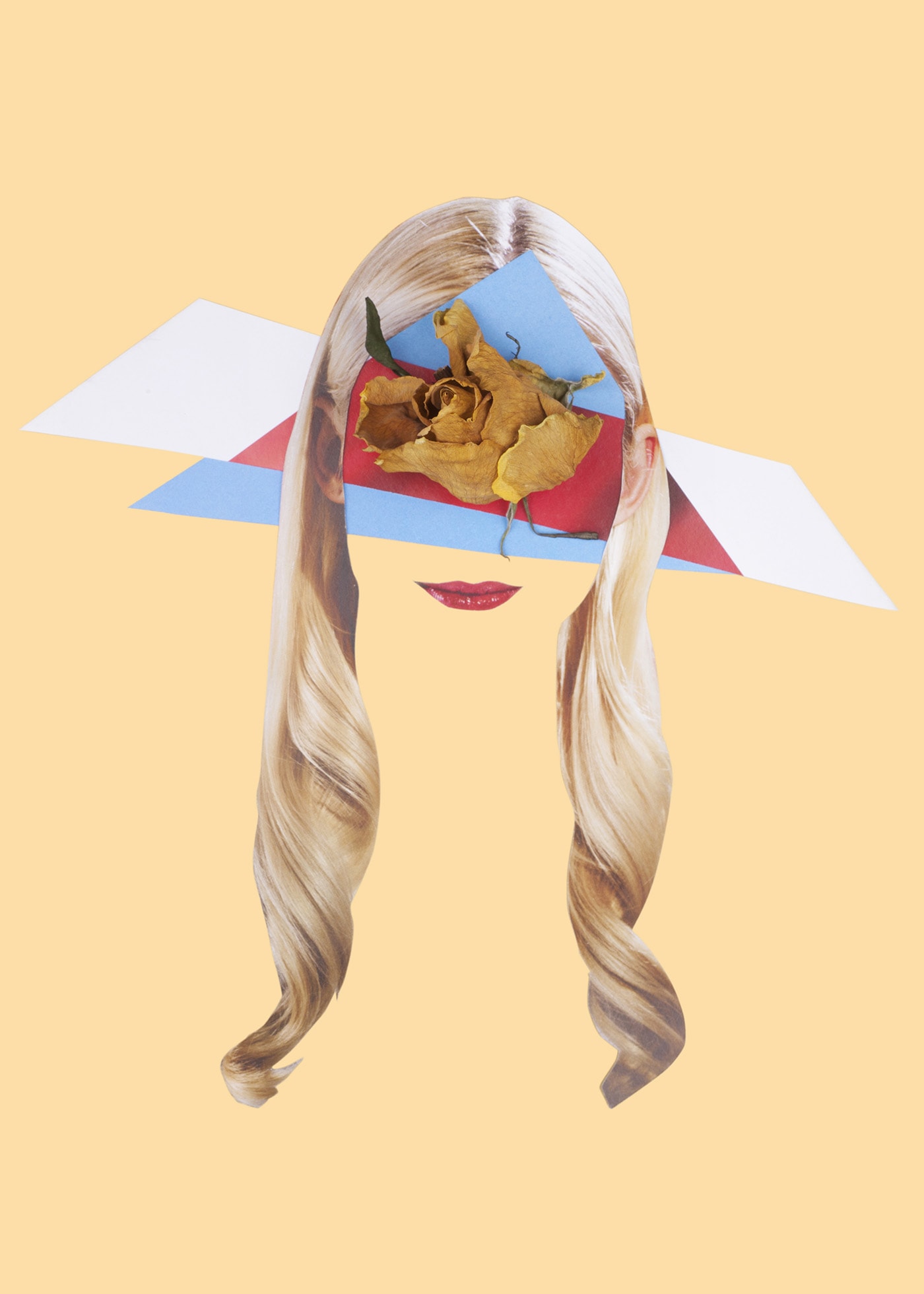 Collage of long blonde hair with geometric shapes and lips against a cream colored background