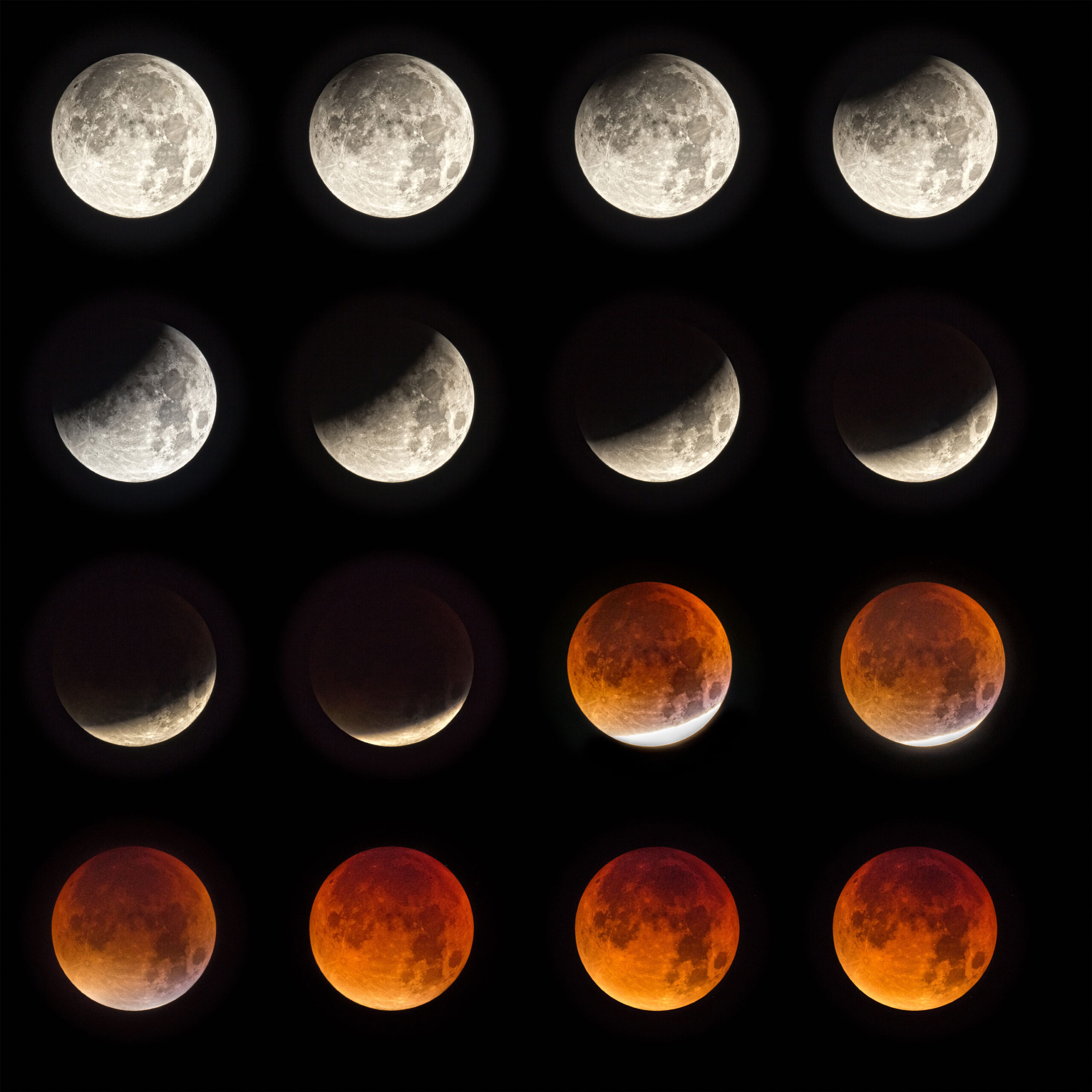 A collage of fourteen images of a full blood red moon going through a complete lunar eclipse.