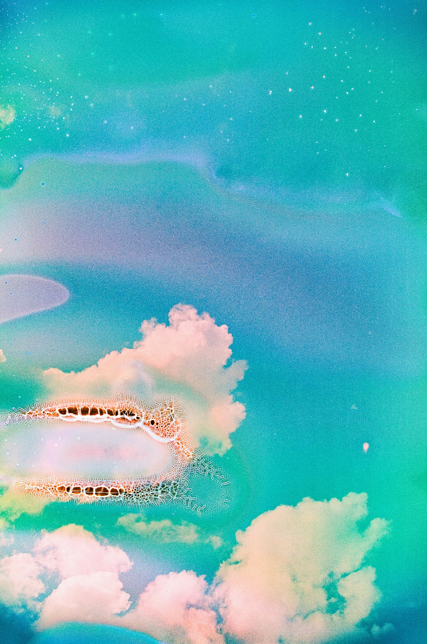 fluffy clouds in a psychedelic sky, "film soup" technique on 35mm film
