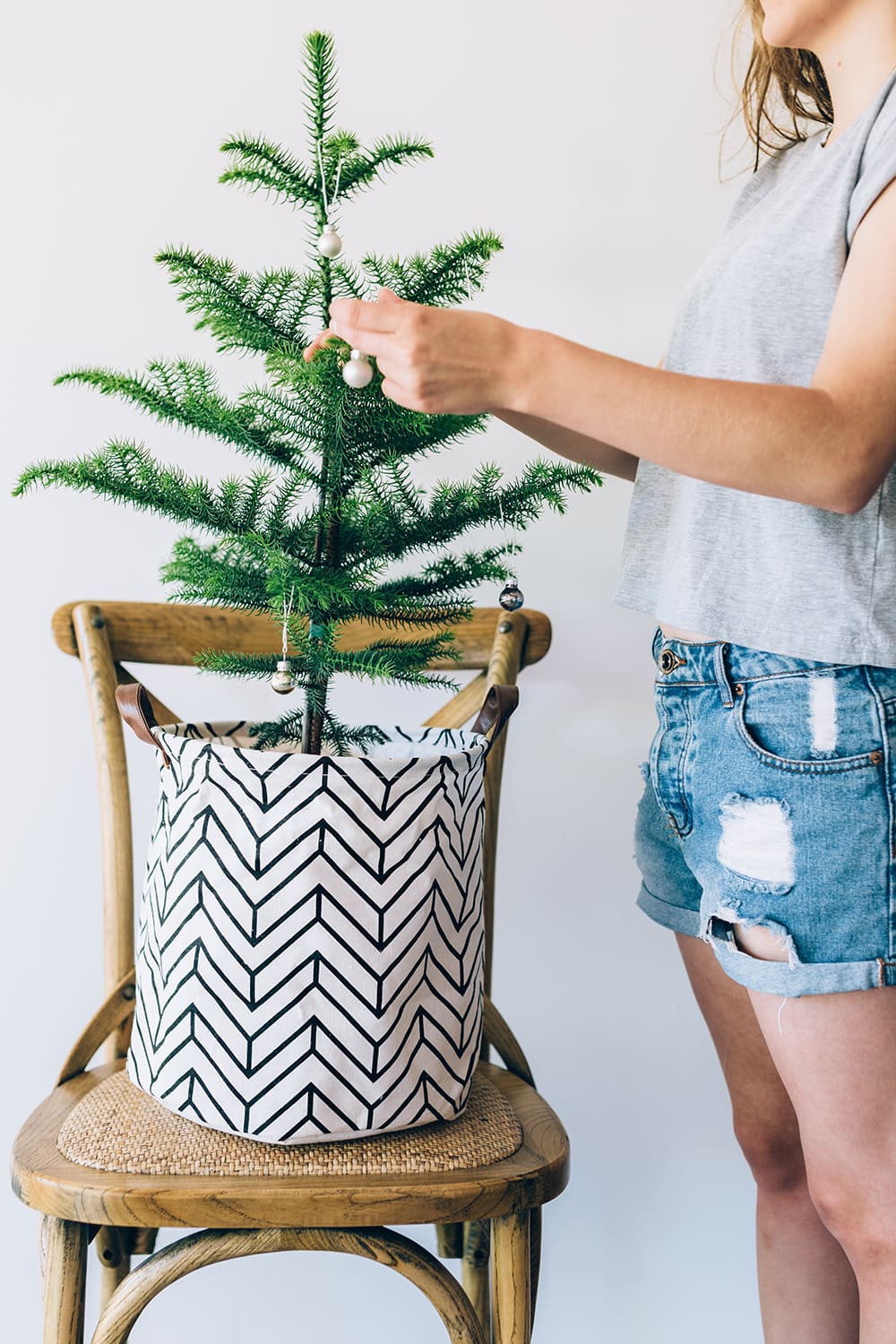 Teenage Girl Decorating Small Norfolk Island Pine Christmas Tree In Canvas Basket - Vertical