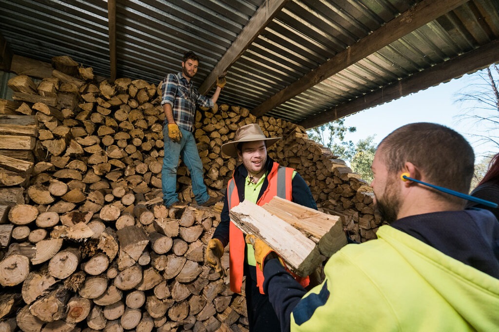 Three Men Stacking Firewood in a Shed