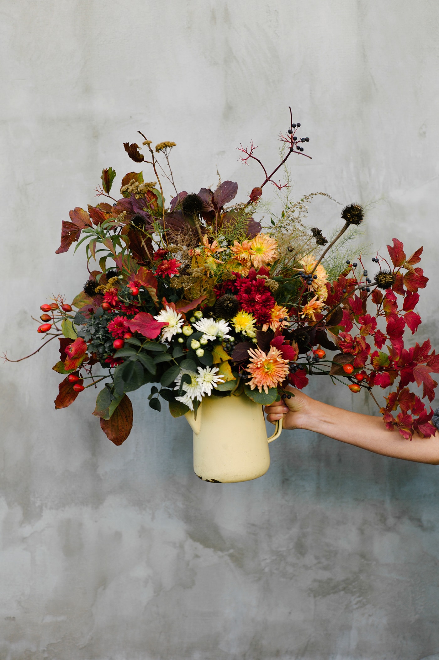 Hand holds a bouquet of autumn grasses, flowers and leaves on a gray wall background