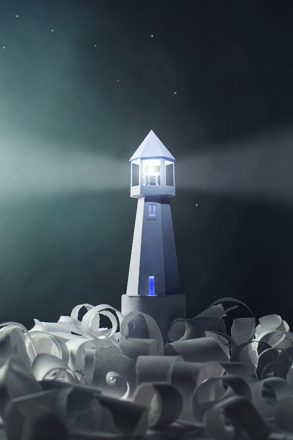 The Lighthouse A paper lighthouse beams light out over rough paper seas