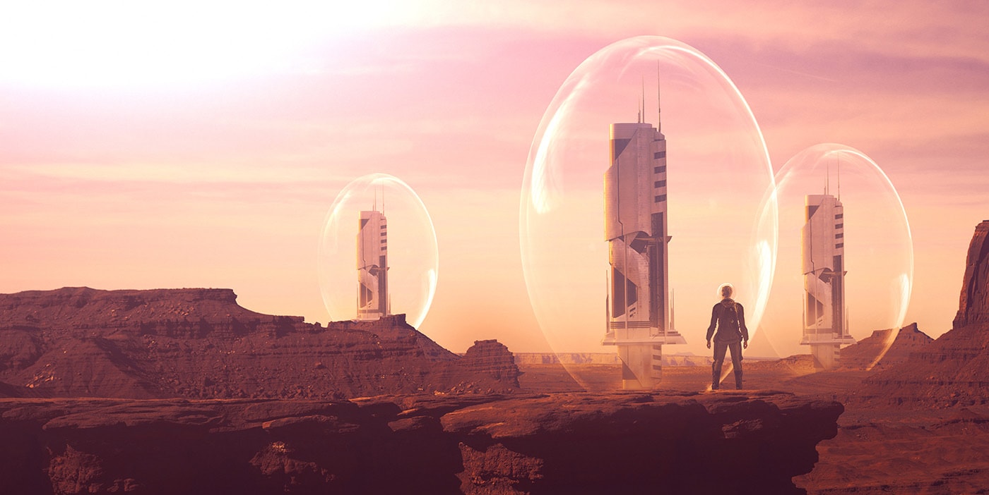 astronaut overseeing terraforming of the planet to modify its atmosphere to be similar to the environment of earth to make it habitable by earth-like life