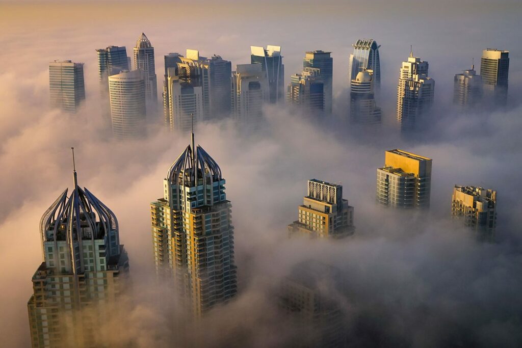 A rare scene in Dubai during the month of April 2014 where fog invaded the city during Sunrise moments
