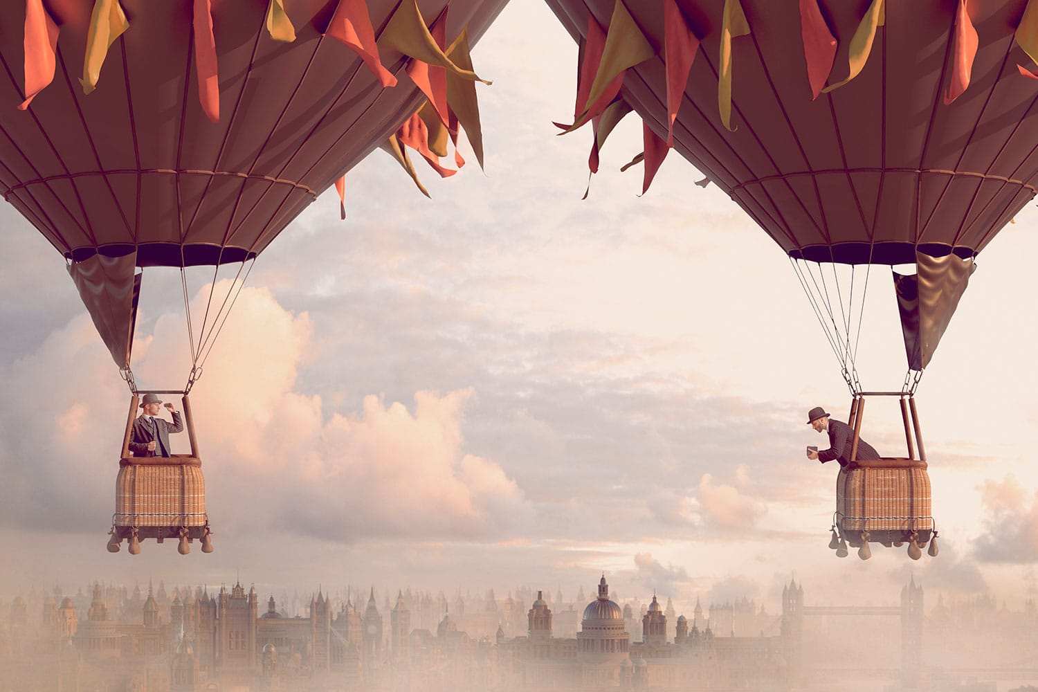 Men in 1930's suit looking at each other from hot air balloons, one using binoculars while the other takes a photo as they float over a bustling city