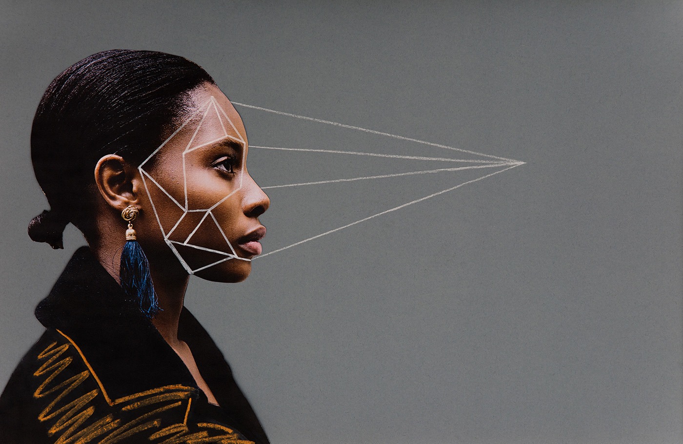 Analogue collage featuring a black woman in profile, with geometric shapes drawn onto her face, to map ways of calculating her beauty, with converging perspective lines.