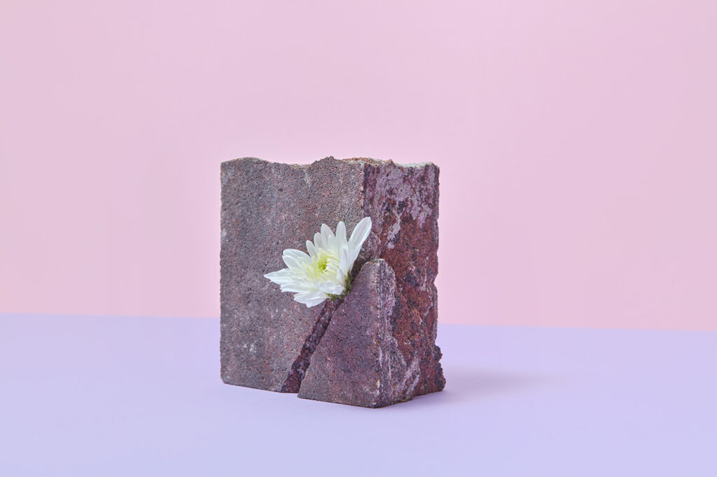 Flower inside broken stone on light pink and violet background with copy space