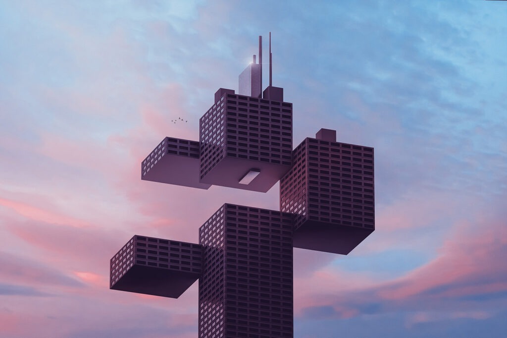 Surreal business building defying gravity at sunset. Blend of 3D and raster images