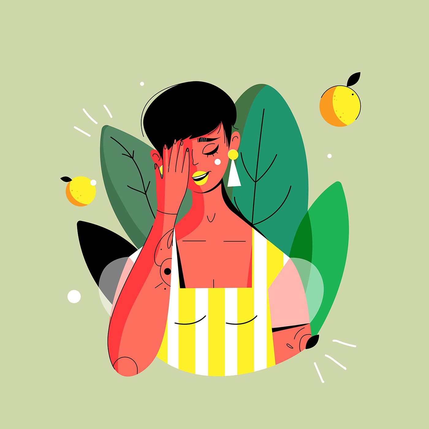 Girl with red skin. Illustration of a girl in a flat style with oranges