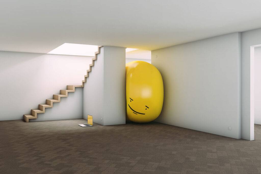Yellow balloon with a face trapped between walls spying on a laptop inside a house. Privacy concept
