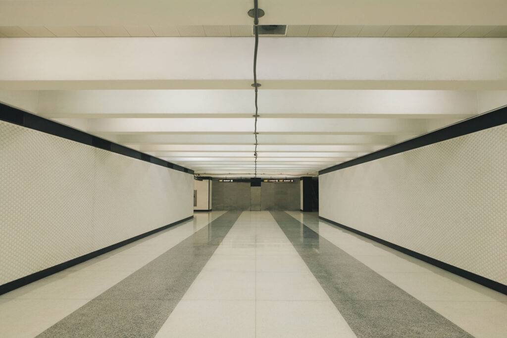 Modern walkway in train station, San Francisco, CA, USA