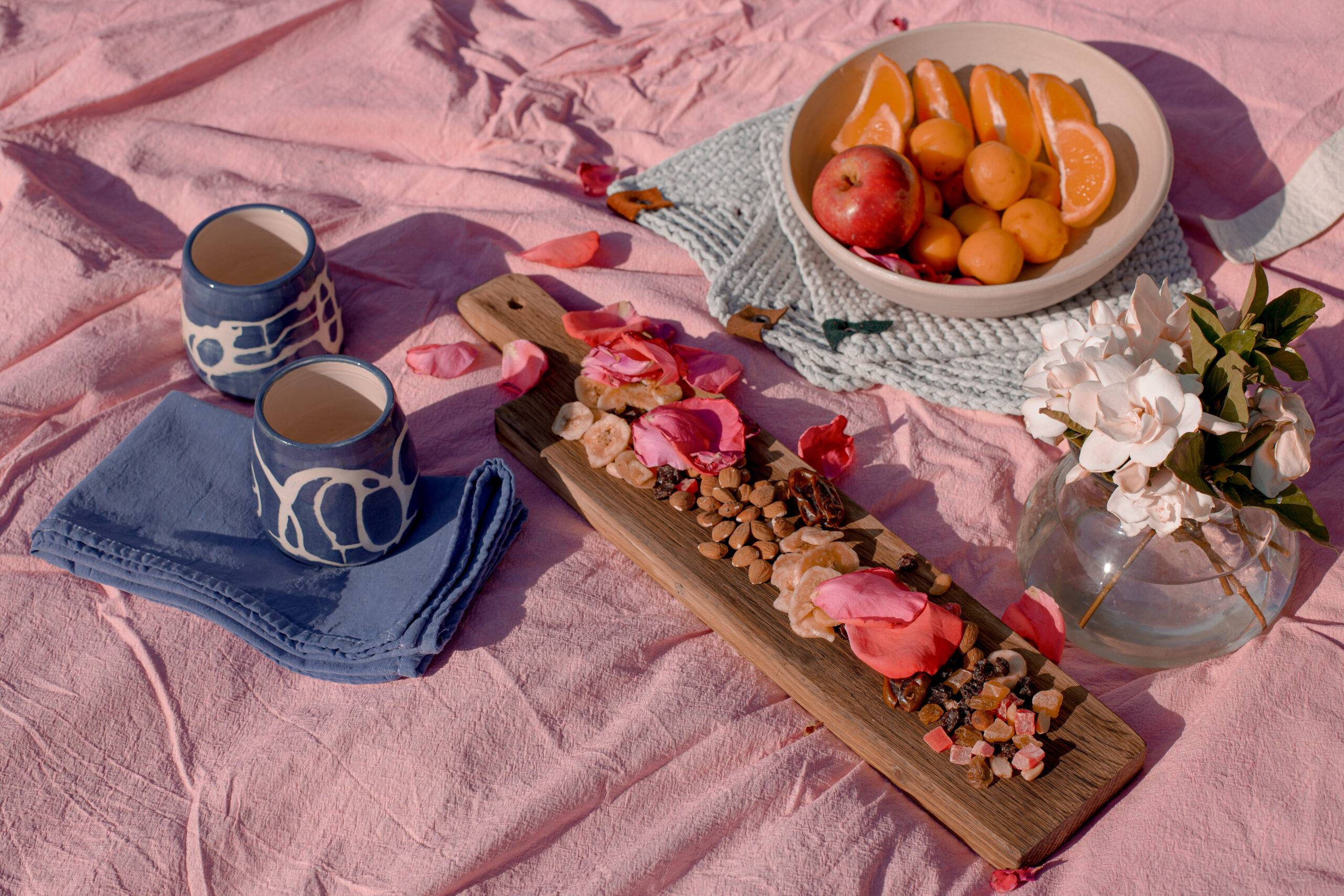 Picnic In The Park With Ceramic Cups, Lots Of Fruits
