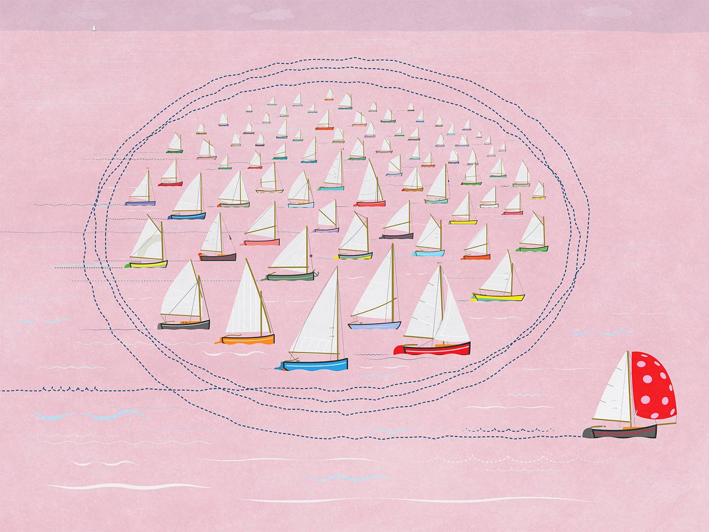 Boat with Red Spinnaker Sail running Rings around the Rest of the Flotilla, Business Strategy Concept, Nautical Theme, Illustration, Concepts & Topics, Fleet of Sailboats, Ahead of the Curve, Looping
