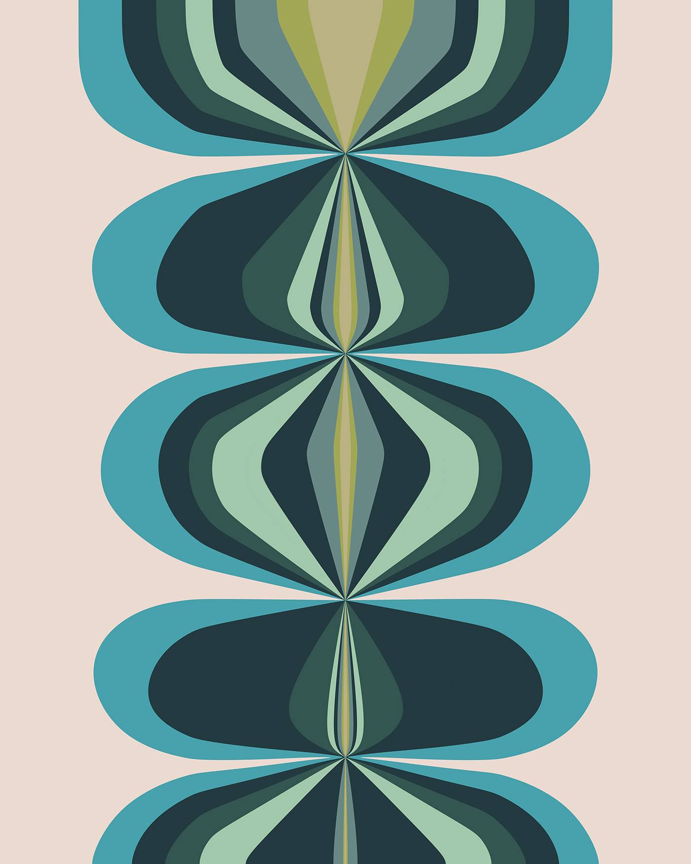 Mid-century inspired bold graphic design in shades of blue, green and turquoise