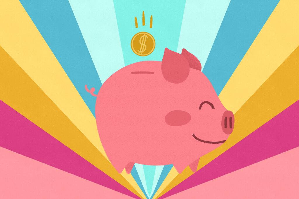 Piggy bank illustration with rainbow