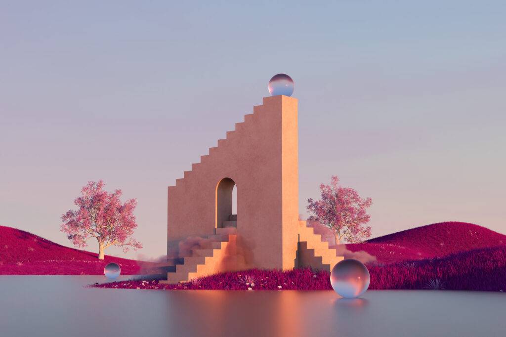 3D geometric stairs at surreal landscape in pink tones