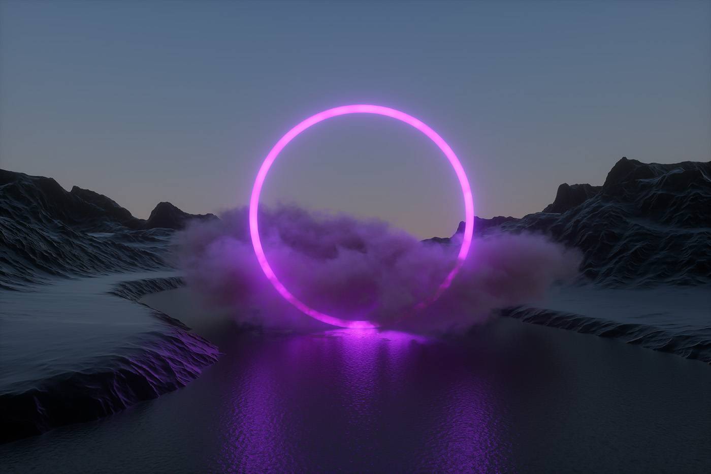 River with torus neon light in the water surrounded by cloud in a nature landscape