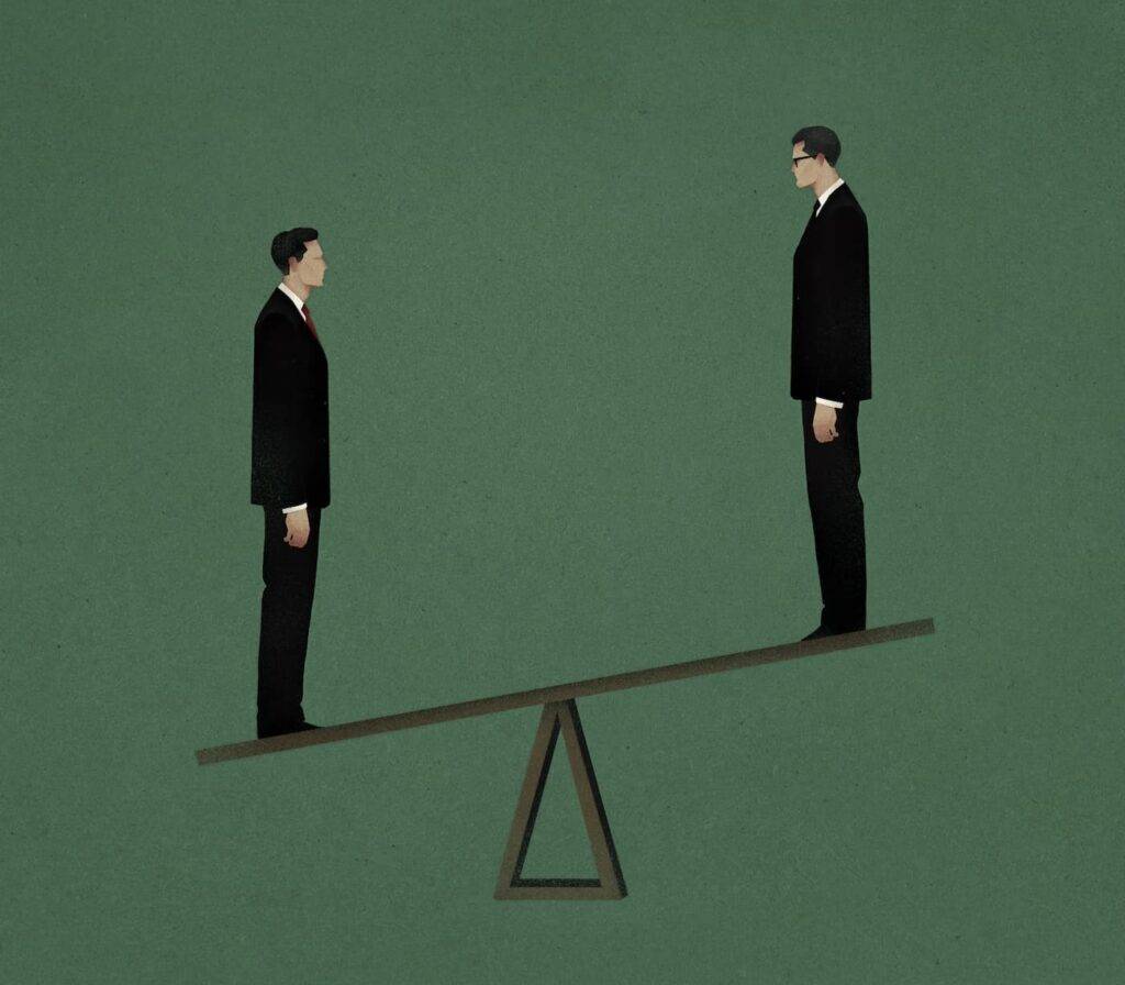 Two Businessmen Standing On A Wooden Seesaw Success and failure. Business and workplace competition. Losers and winners. illustration