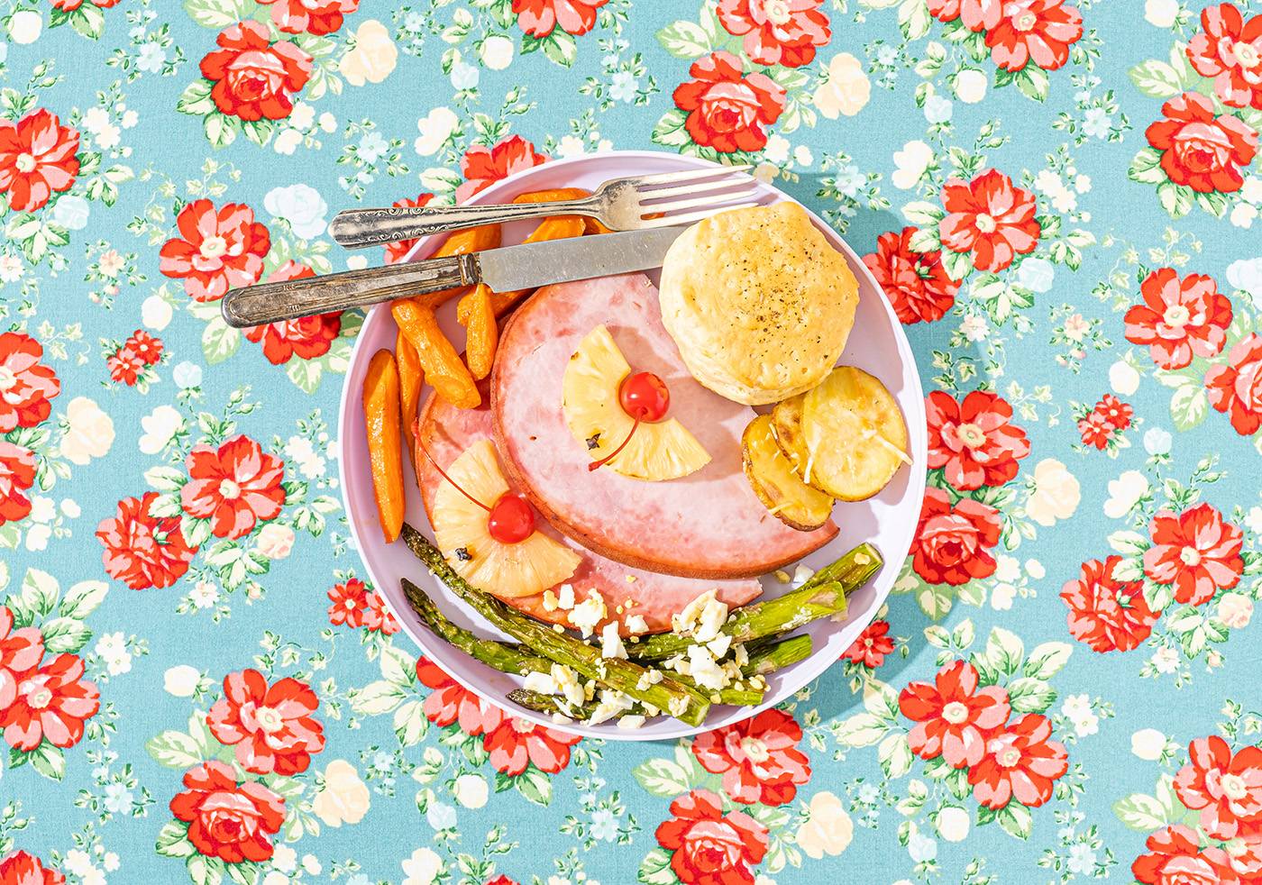 Retro Easter Dinner Classic Easter Holiday food. Ham with sides.