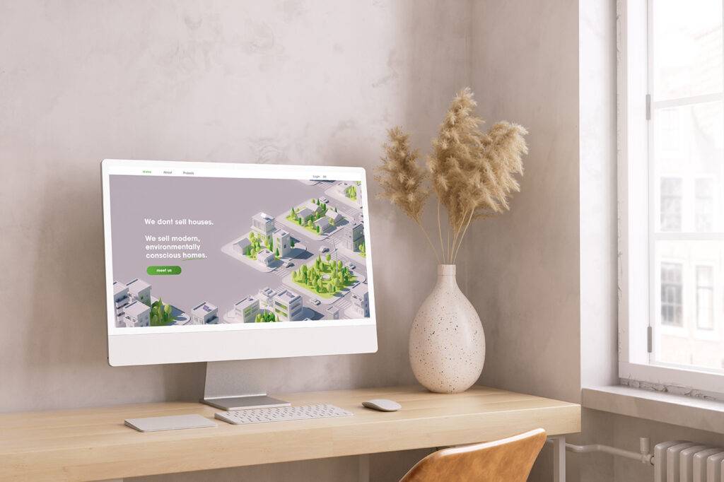 A 3D minimal desktop showing real estate website with city illustration on computer screen at home office. 3D Rendering