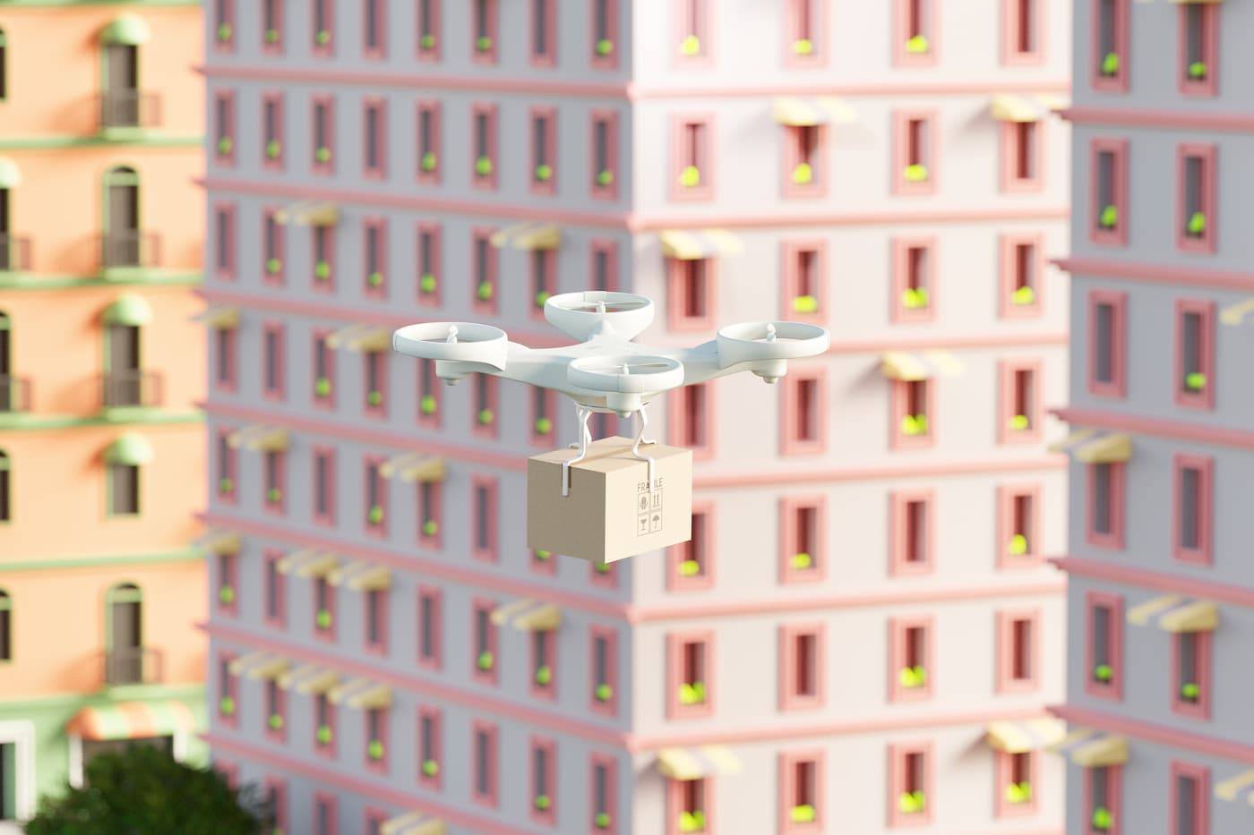 Delivery drone transporting cardboard package box parcel shipment across city. 3D logistics render.