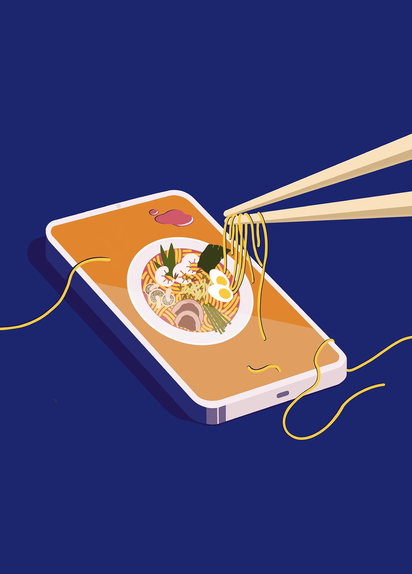 Someone taking food out from the smartphone screen with chopsticks. Food delivery illustration