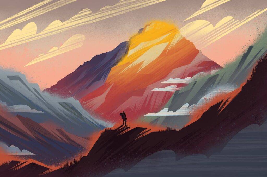 The traveler meets the view of Everest at sunset