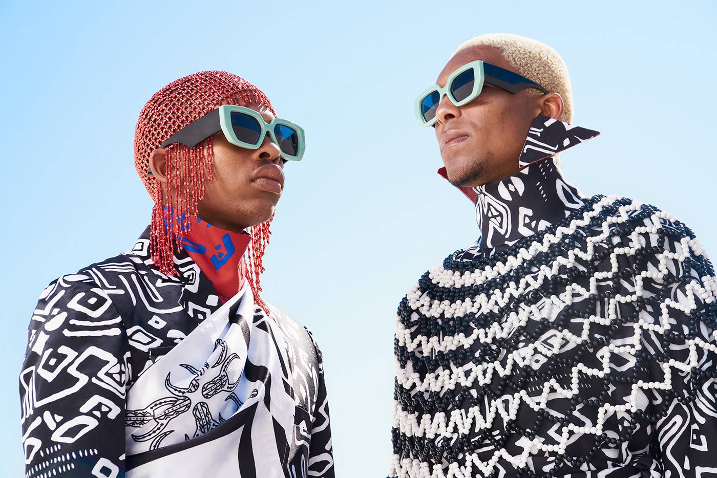 African Modern Fashion Portrait Two South African men wearing futuristic stylish and modern African fashion wear.