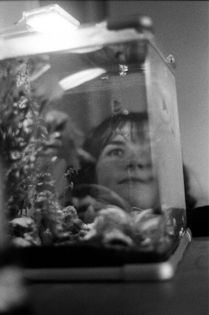 Portrait of a brown woman with a bang looking at her fishes through an aquarium.
