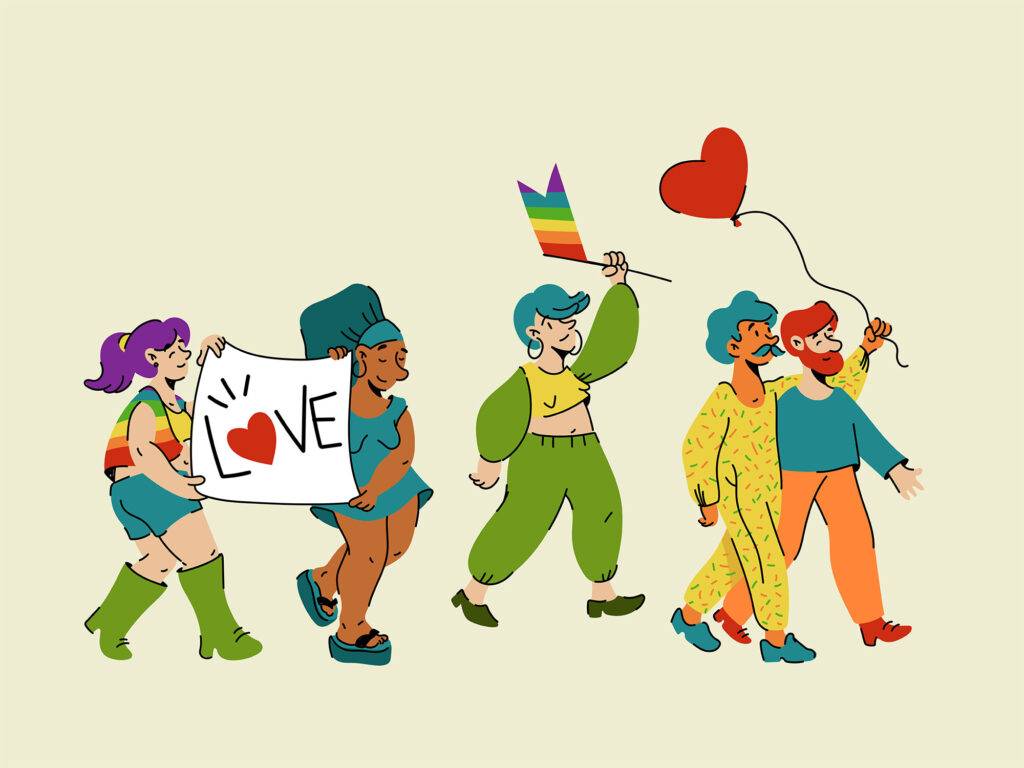 Group of gays and lesbians with Love poster, rainbow flag and heart shaped balloon walking together during LGBT demonstration.