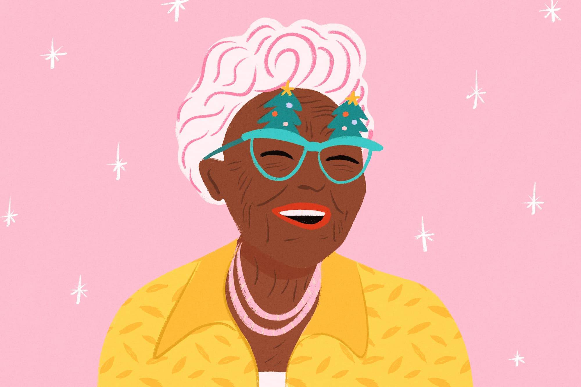 Christmas portrait llustration of a happy black senior woman on pink background with copy space