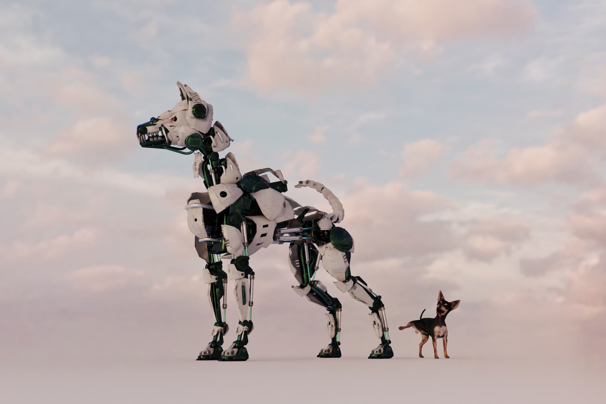 Robot dog humour series: chihuahua urinates on robot dog leg