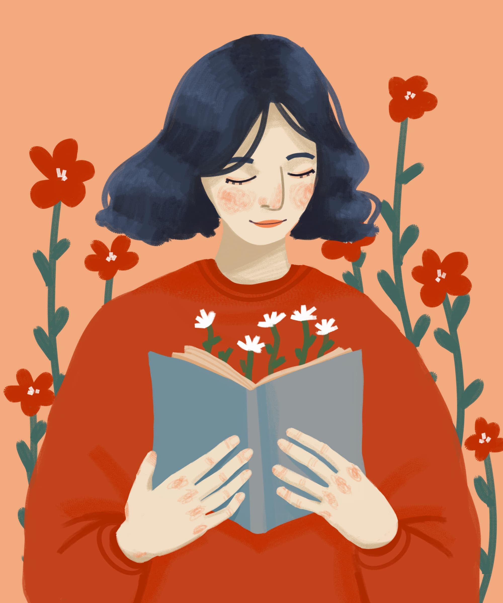 Illustration Of A Woman Reading A Book With Flowers In The Background.