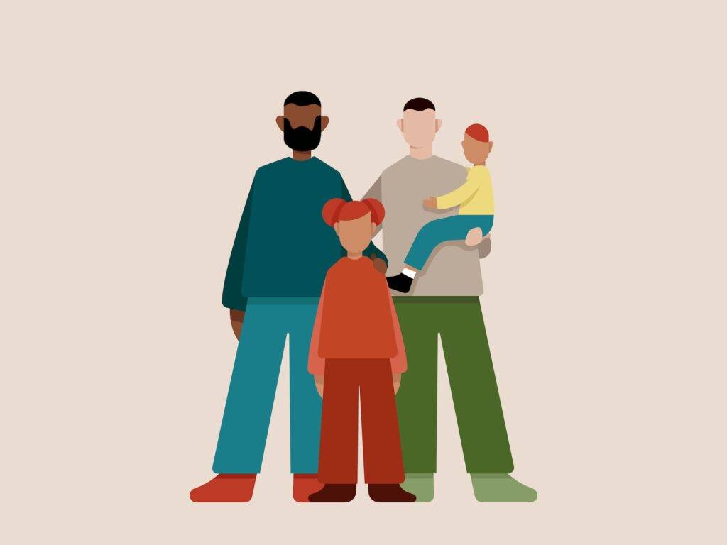 Minimalist style illustration of multiracial fathers with mixed race son and daughter symbolizing LGBT family on beige background.