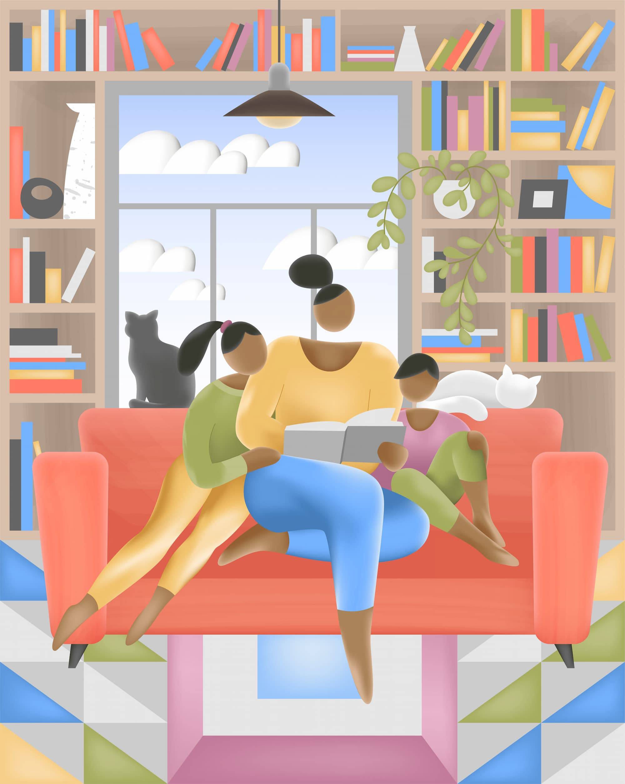 Happy mother together with multiracial teenage daughter and kid boy son reading a book in the living room. The concept of illustration revolves around family unity, multiculturalism, and the joy of spending time together. Bond between a mother and her children, regardless of their racial backgrounds. The Illustration of the importance of shared experiences and the value of diverse perspectives within a family setting. Black and white cats sleeping.