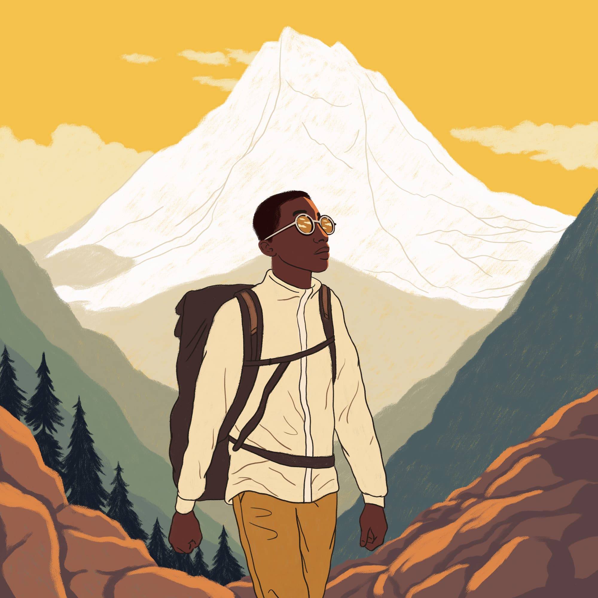 Illustration of African American man hiking in the mountains. The illustration is in high resolution, suitable for large scale screens and prints. The illustration is crafted using special fine textured brushes for a more authentic visual effect.
