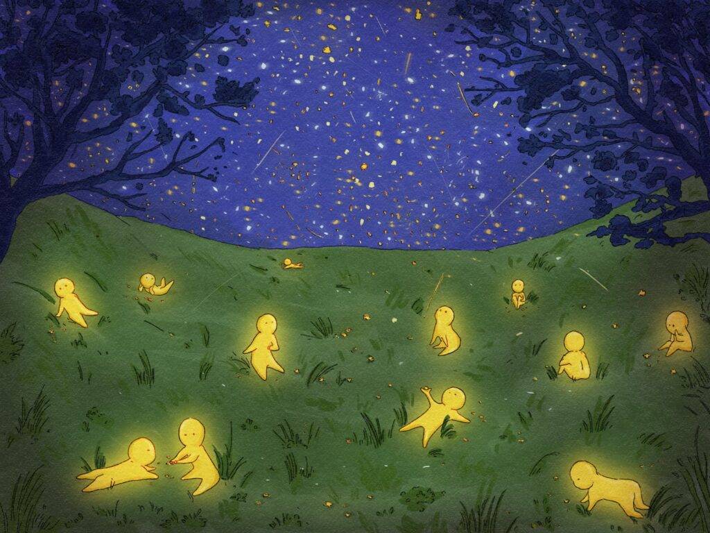 Night Landscape With Starry Sky And Creatures Collecting Fallen Stars
