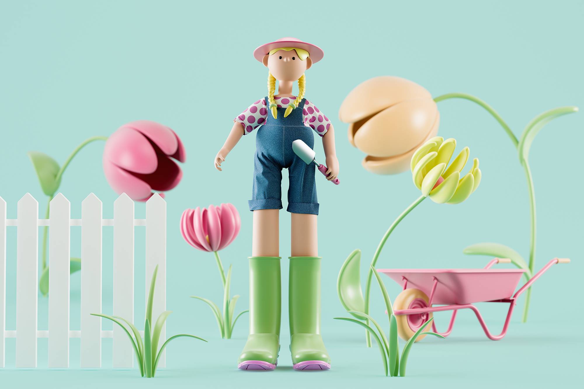 3D stylized woman cartoon character with blonde braids, no mouth, short dungarees and giant rubber boots standing in her garden. She has a tiny shovel and a wheelbarrow and is ready for the hard work. 3d illustration, 3d rendering