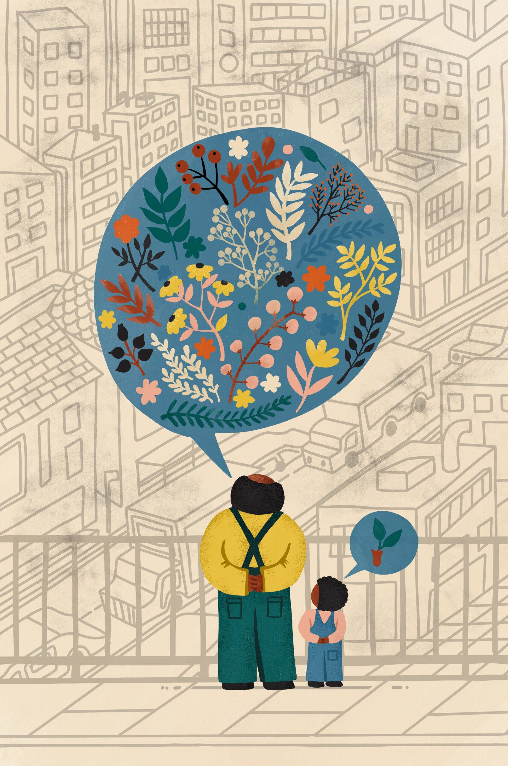 A grandad stands on a bridge with his grandchild looking out over a smoggy city. He is talking to his grandchild about plants and nature which lived there before the city was built.