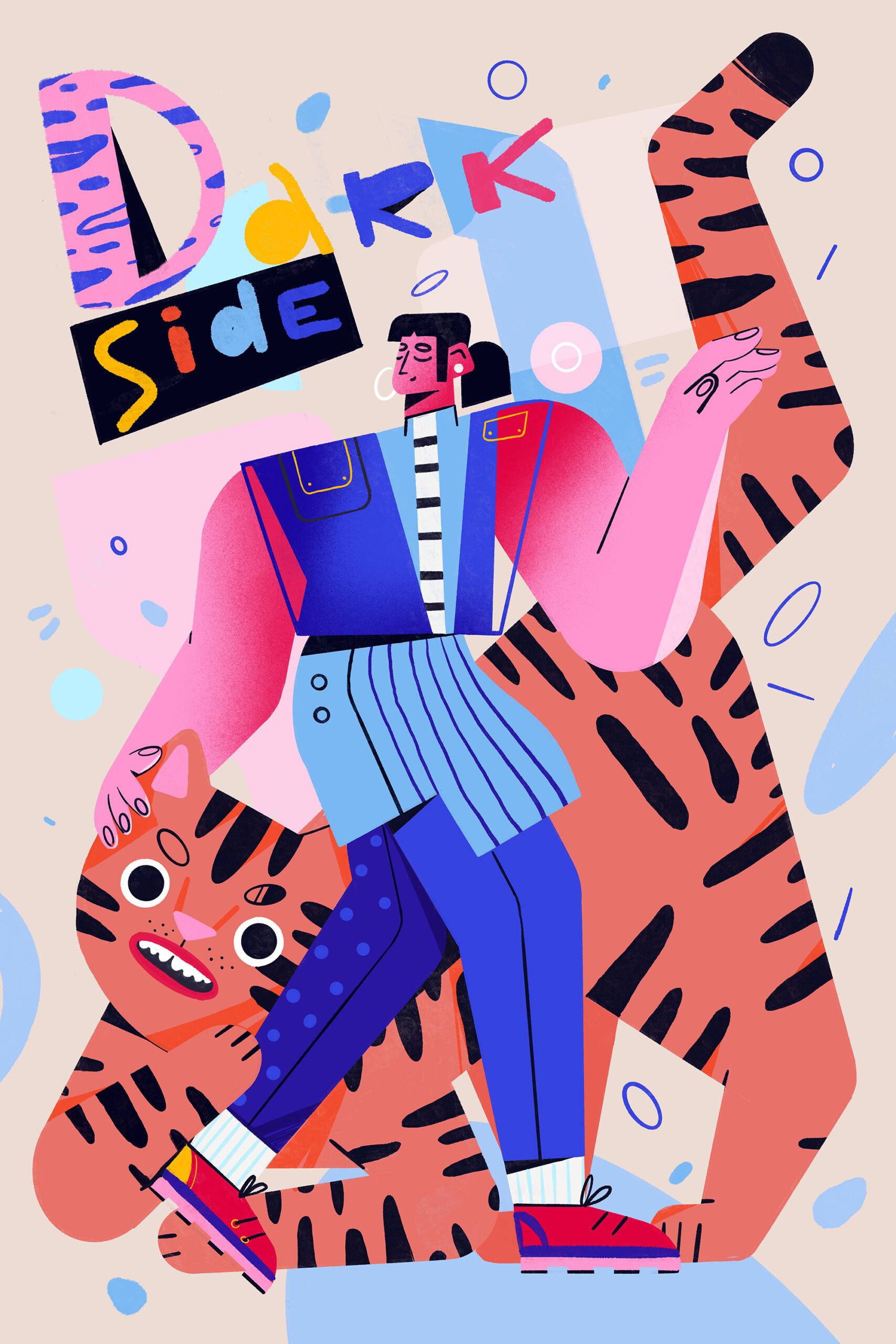 The young woman feels in harmony, releasing her inner beast. Self control. Bright modern illustration of someone accepting their dark side. Psychological portrait of a modern conscious person