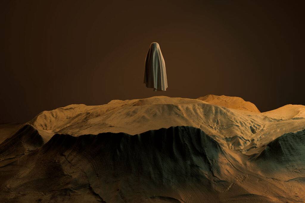 3d render of a ghost floating on a rock at night