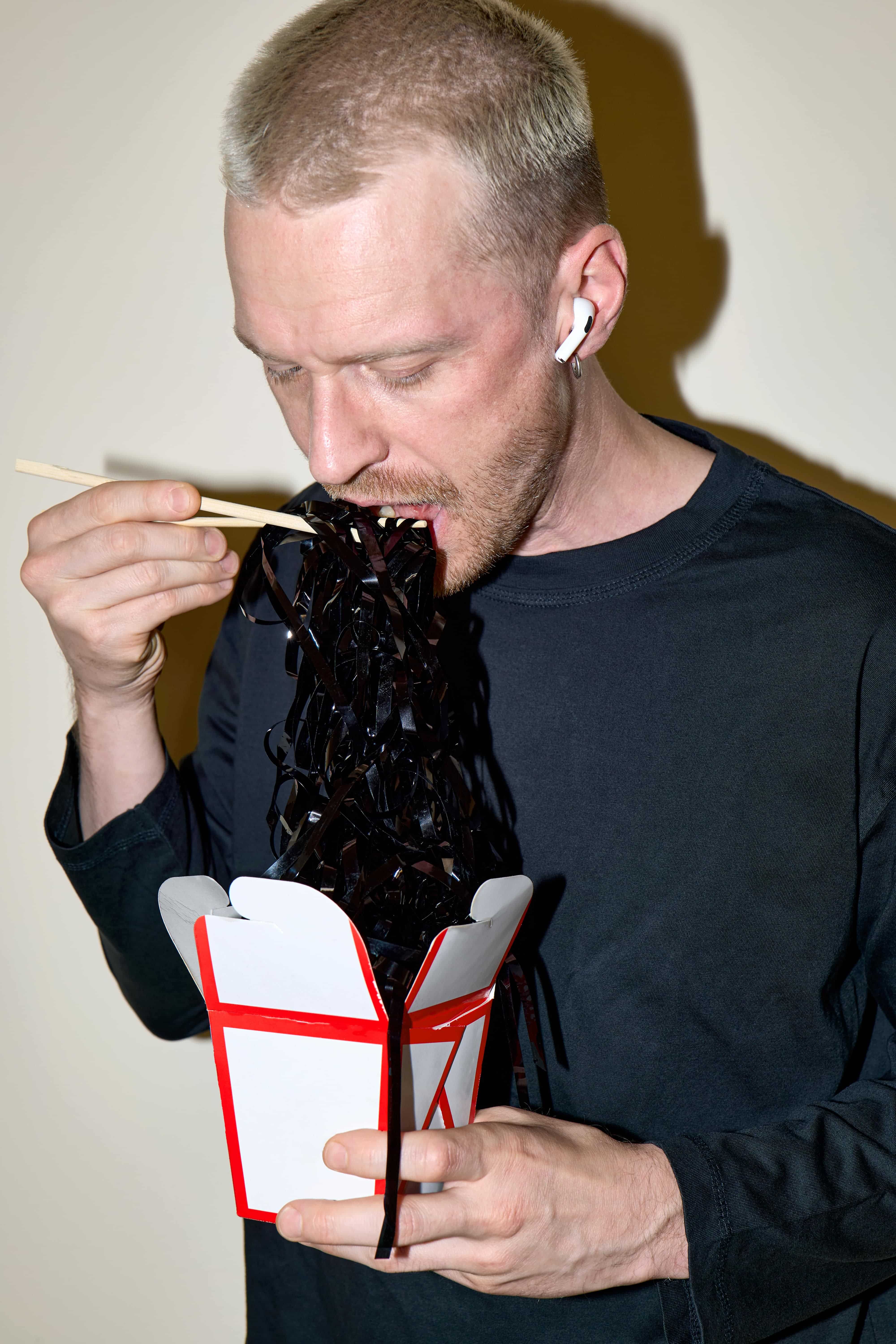 Concept shot of music tape as noodles (music consumption)