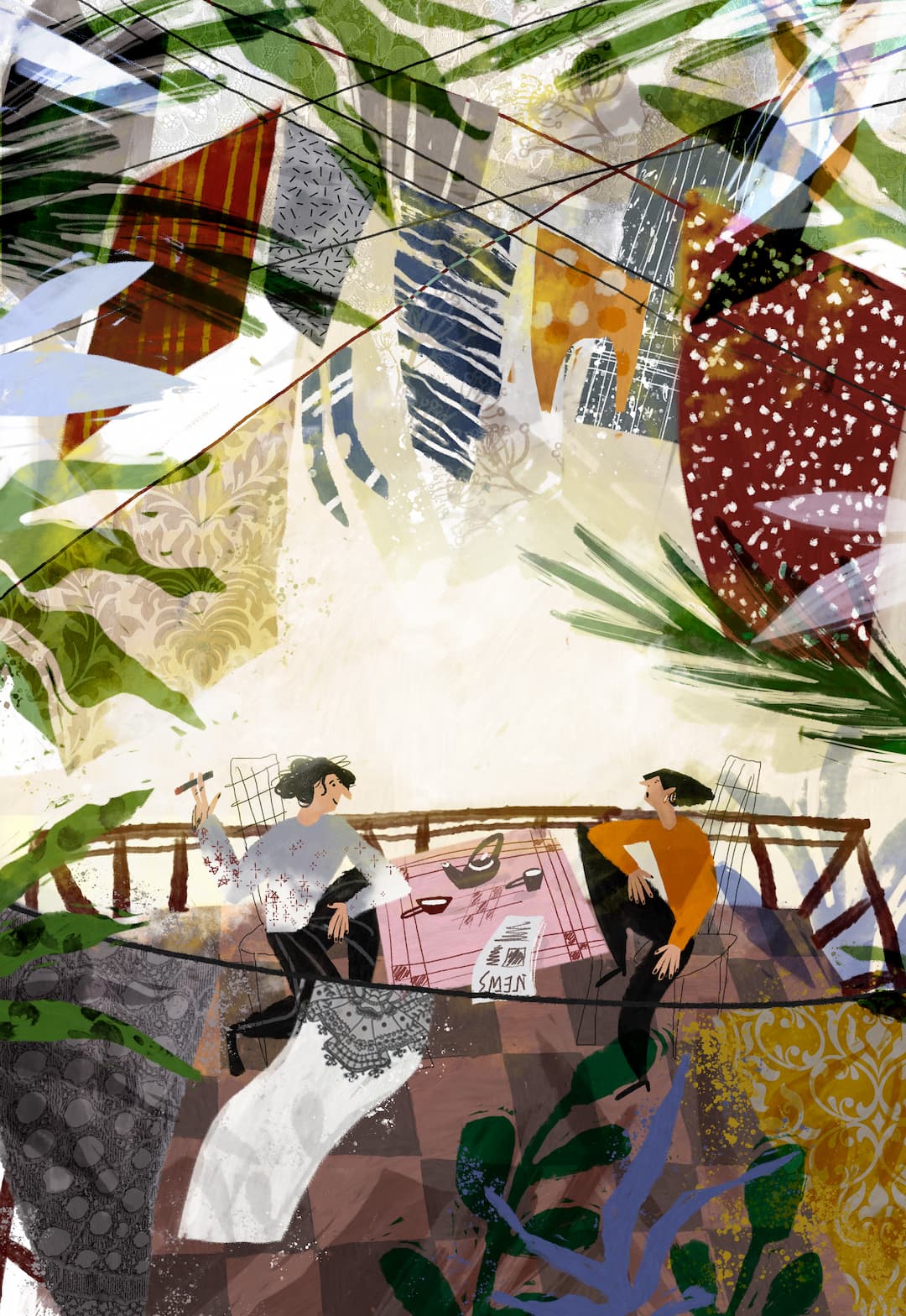 There's a couple sitting on the balcony. Talking in the kitchen. Laundry. Landscape with warm, gentle lighting