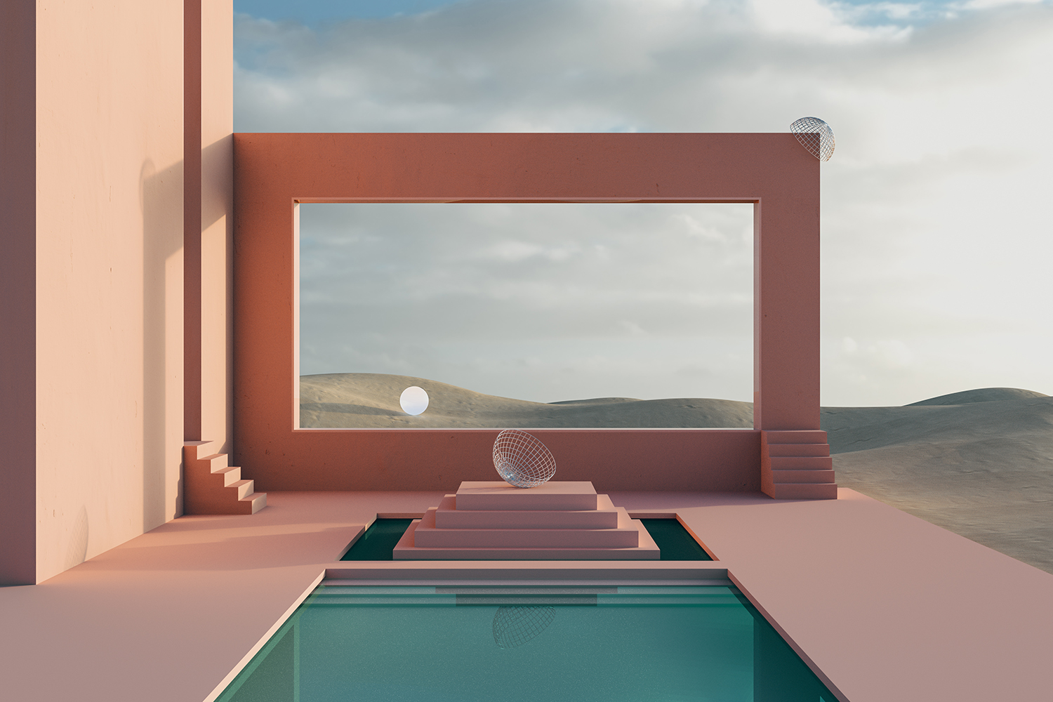 Fictional Architecture Imaginary fictional architecture, dreamlike empty surreal space, design of exterior terrace, concrete pink walls and pool.