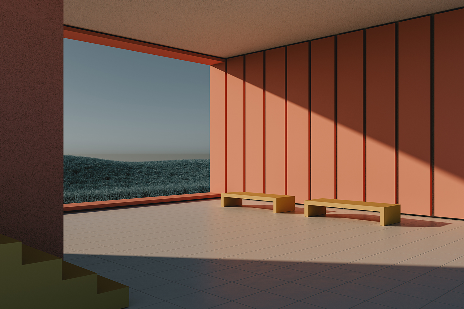 Minimal space luxurious space minimal house with wheat field at day