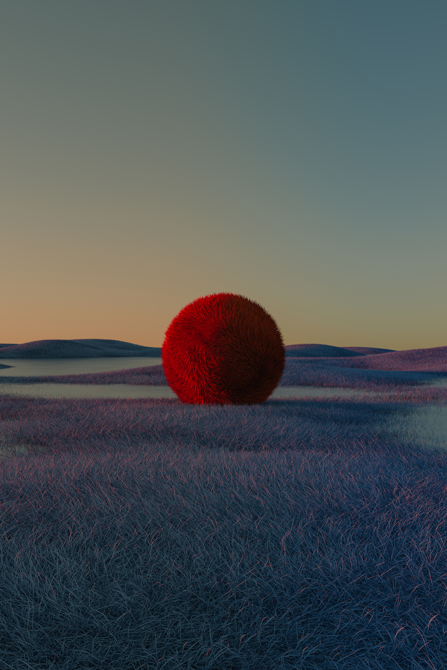 Vertical 3d render of a hairy sphere posing on hills and lakes at sunset