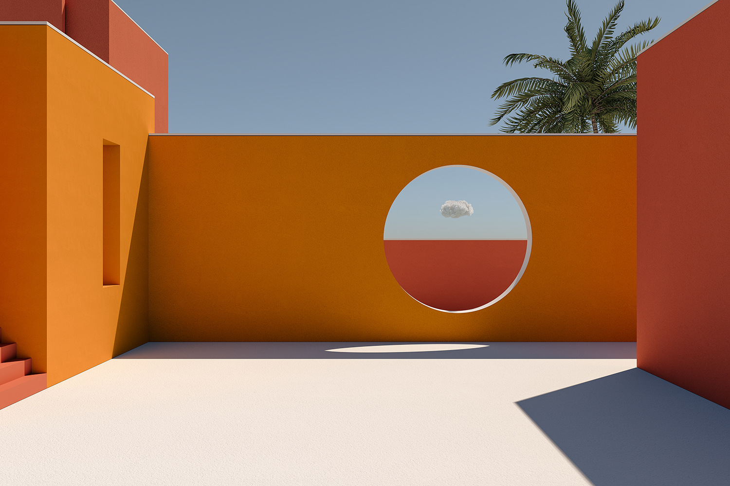 Horizontal 3d render of a modern and minimal architecture with orange and red colors.
